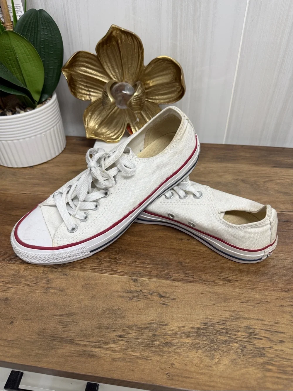 Converse Kids White Canvas Low Top Sneakers with Red Trim